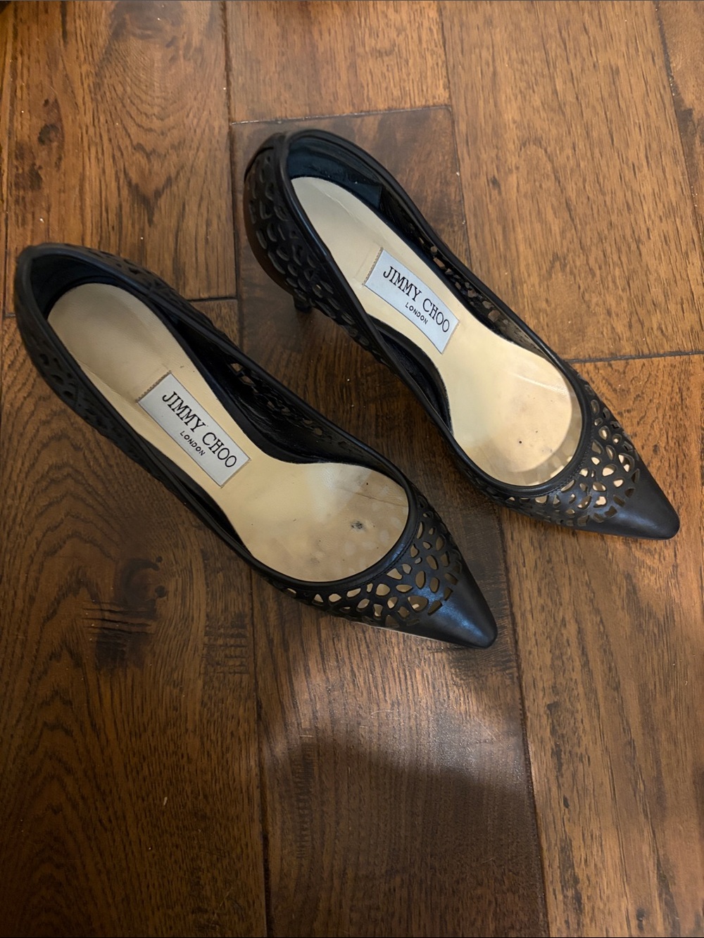 Jimmy Choo Black Laser-Cut Pointed Toe Heels